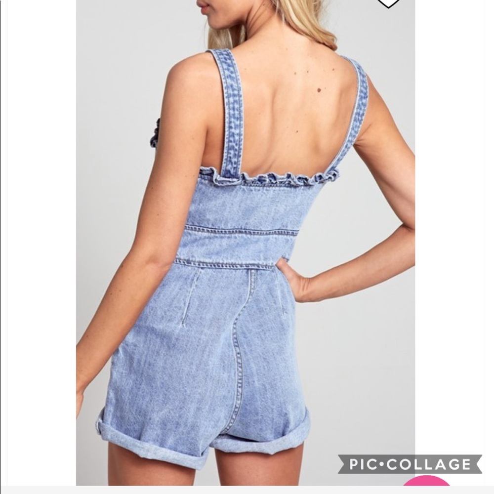 BLUE BLUSH Ruffle Trim Denim Romper, Sz Small EUC - Picture 4 of 5